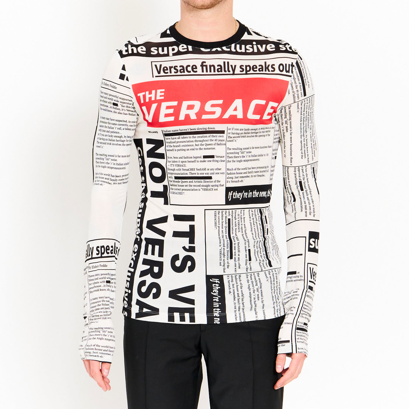 RARE 'IT'S PRONOUNCED VERSACE' Newspaper Print Long Sleeve Top
