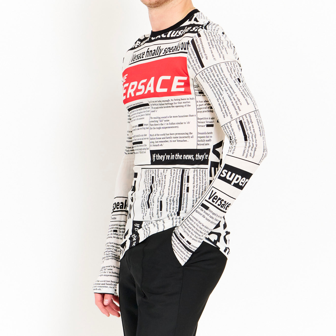RARE 'IT'S PRONOUNCED VERSACE' Newspaper Print Long Sleeve Top