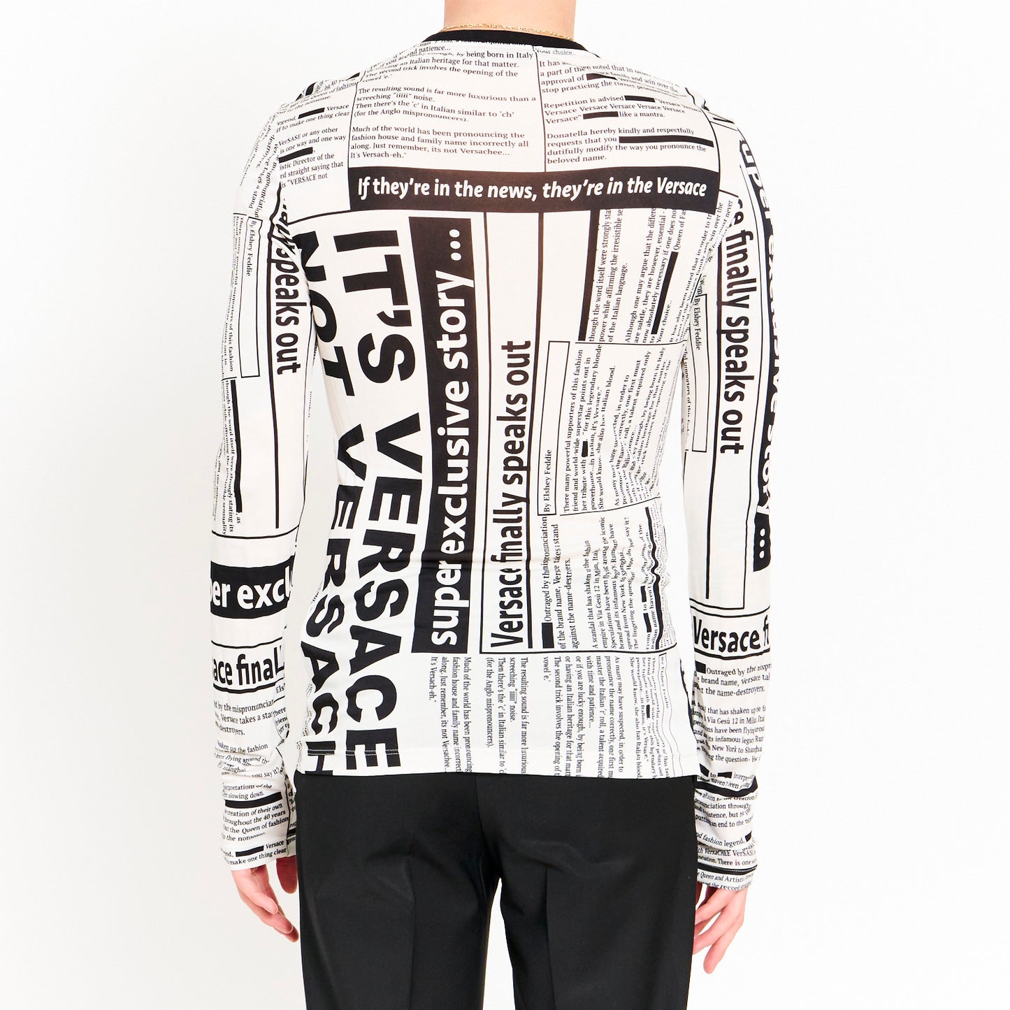 RARE 'IT'S PRONOUNCED VERSACE' Newspaper Print Long Sleeve Top