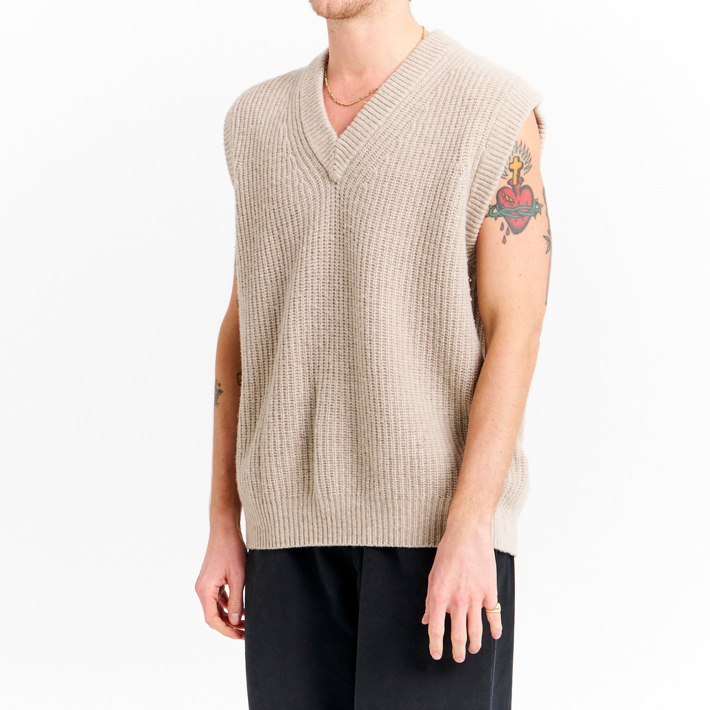 Beige Knitted V Neck Vest